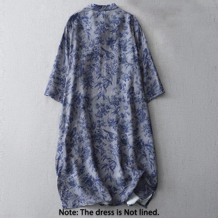 Buddha Stones Flower Leaf Print Frog-Button Half Sleeve Mandarin Collar Cotton Midi Dress - image 1