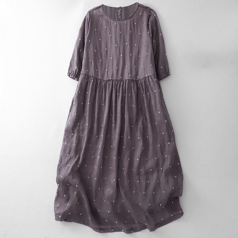 Buddha Stones Back Button Dot Pattern Half Sleeve Cotton Linen Midi Dress With Pockets - MediumOrchid - US12，UK/AU16，EU44 (2XL) - image 0