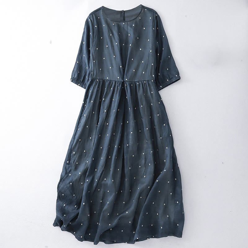 Buddha Stones Back Button Dot Pattern Half Sleeve Cotton Linen Midi Dress With Pockets - MidnightBlue - US8-10，UK/AU12-14，EU40-42 (2XL) - image 4