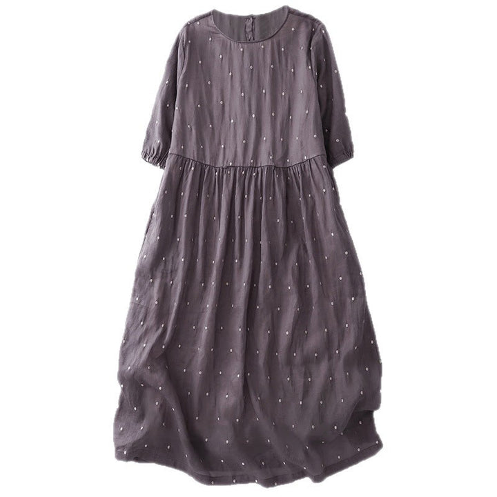 Buddha Stones Back Button Dot Pattern Half Sleeve Cotton Linen Midi Dress With Pockets - image 3