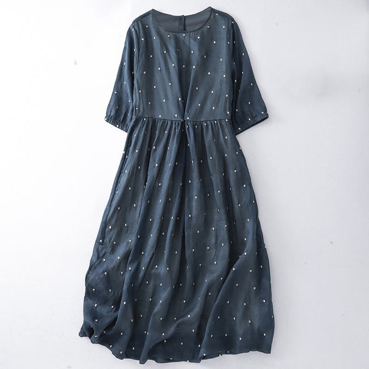 Buddha Stones Back Button Dot Pattern Half Sleeve Cotton Linen Midi Dress With Pockets - MidnightBlue - US8-10，UK/AU12-14，EU40-42 (2XL) - image 4