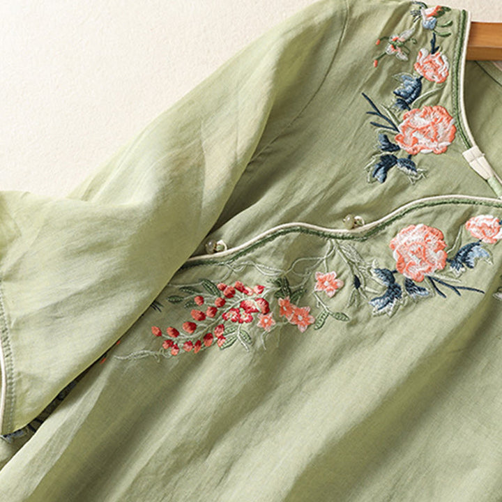 Buddha Stones Embroidery Flower Hem Slit Design Half Sleeve Cotton Linen Zen Midi Dress - image 3