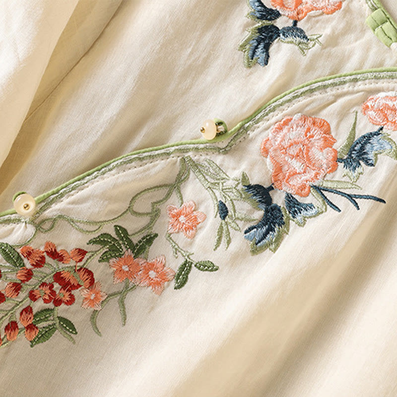 Buddha Stones Embroidery Flower Hem Slit Design Half Sleeve Cotton Linen Zen Midi Dress - image 10