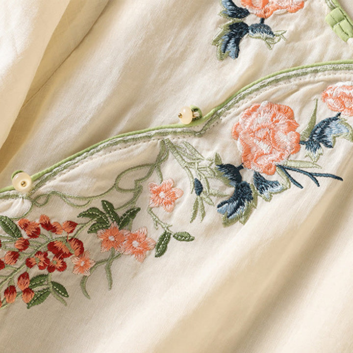 Buddha Stones Embroidery Flower Hem Slit Design Half Sleeve Cotton Linen Zen Midi Dress - image 10