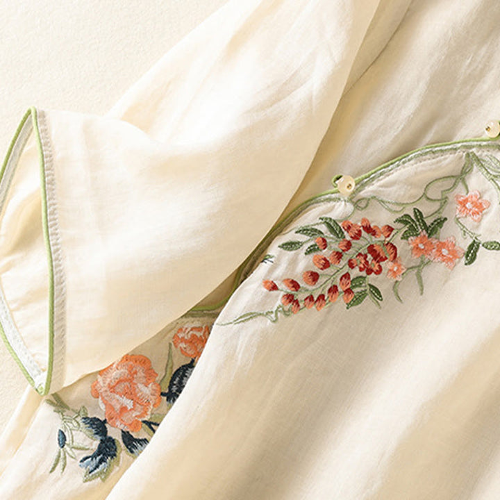 Buddha Stones Embroidery Flower Hem Slit Design Half Sleeve Cotton Linen Zen Midi Dress - image 12