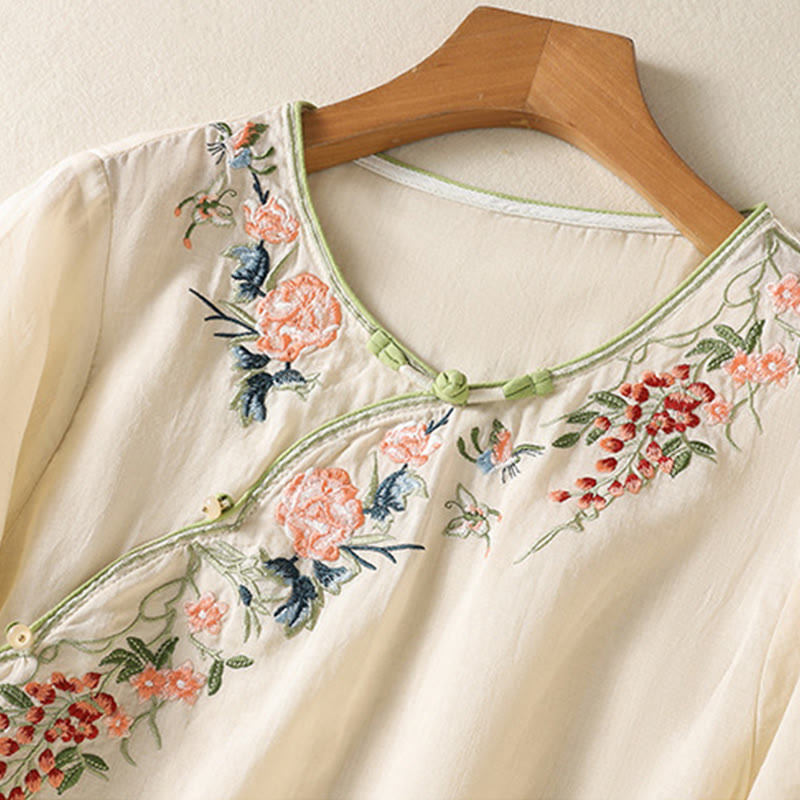 Buddha Stones Embroidery Flower Hem Slit Design Half Sleeve Cotton Linen Zen Midi Dress - image 8