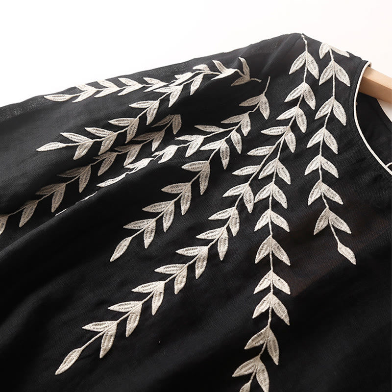 Buddha Stones Casual Embroidery Split Three Quarter Sleeve Cotton Linen Midi Dress - image 3