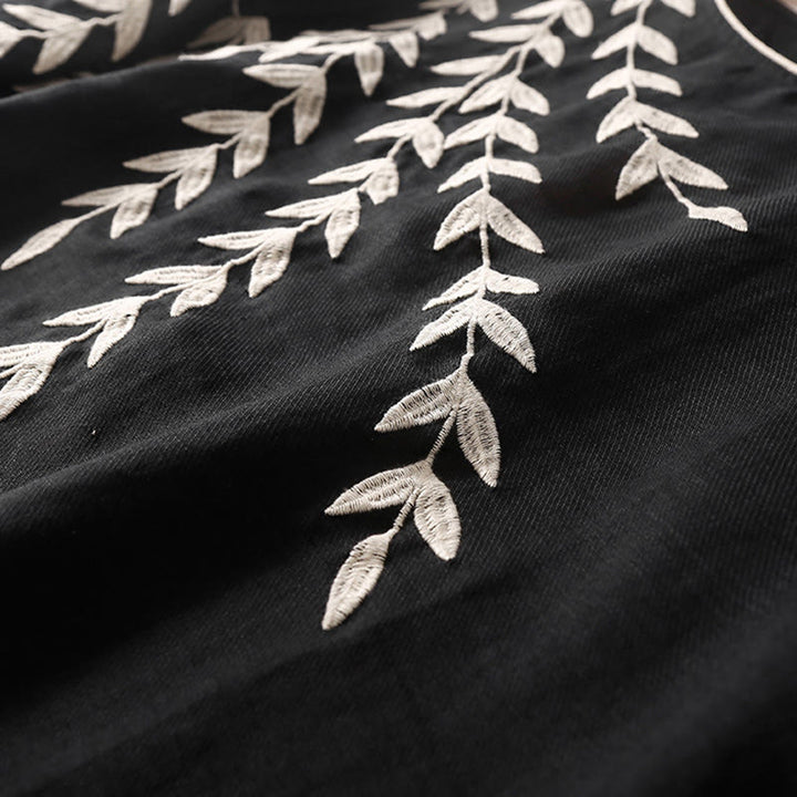 Buddha Stones Casual Embroidery Split Three Quarter Sleeve Cotton Linen Midi Dress - image 4