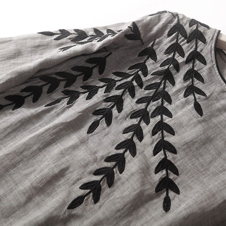 Buddha Stones Casual Embroidery Split Three Quarter Sleeve Cotton Linen Midi Dress - image 13