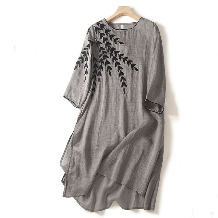 Buddha Stones Casual Embroidery Split Three Quarter Sleeve Cotton Linen Midi Dress - DarkGray - US8-10，UK/AU12-14，EU40-42 (2XL) - image 11