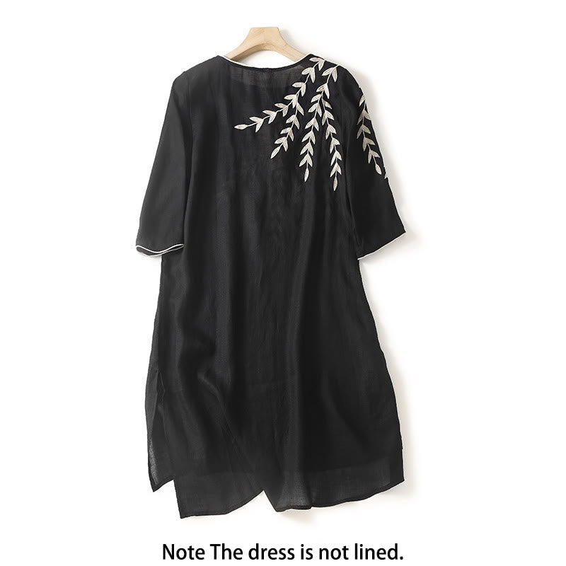 Buddha Stones Casual Embroidery Split Three Quarter Sleeve Cotton Linen Midi Dress - image 1