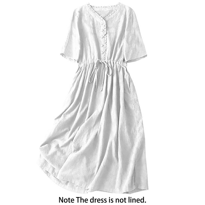 Buddha Stones Summer Jacquard Drawstring Pleated Design Cotton Linen Midi Dress With Pockets - image 7