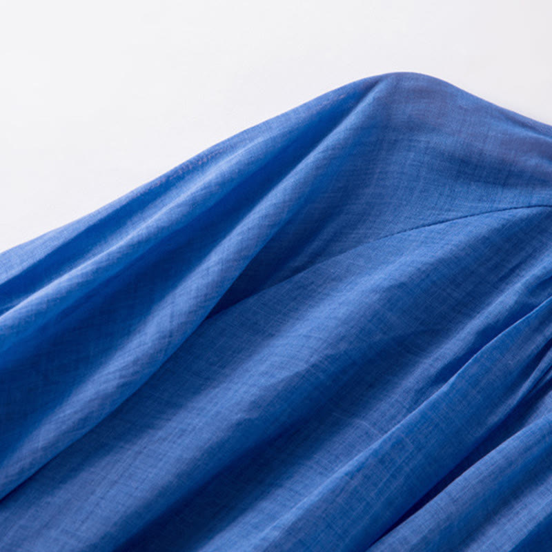 Buddha Stones Plain Drawstring Three Quarter Puff Sleeve Cotton Linen Midi Dress With Pockets - image 6