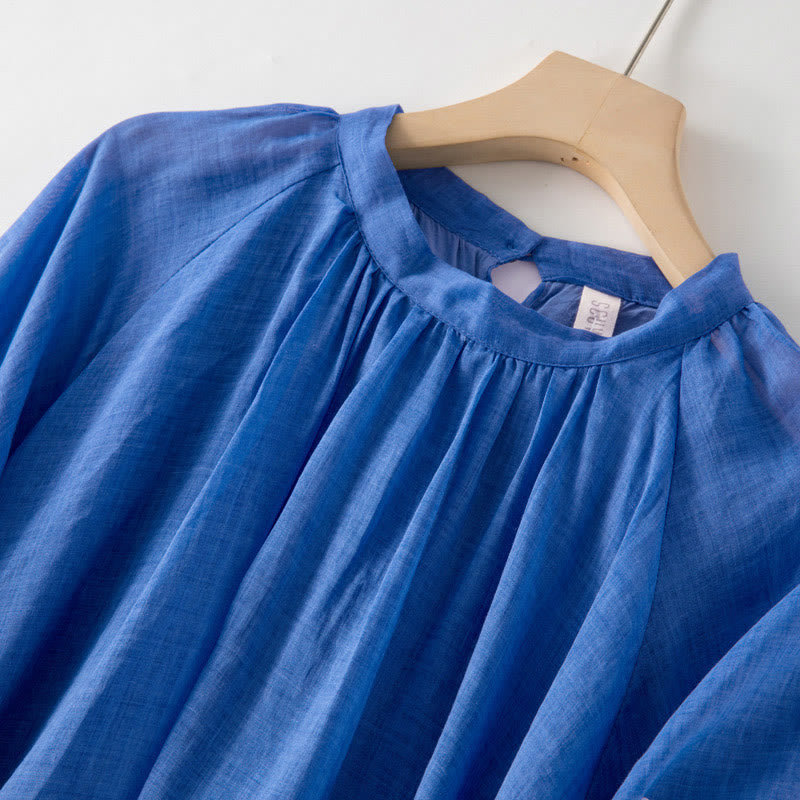 Buddha Stones Plain Drawstring Three Quarter Puff Sleeve Midi Dress With Pockets - image 3