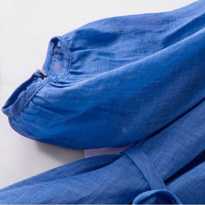 Buddha Stones Plain Drawstring Three Quarter Puff Sleeve Cotton Linen Midi Dress With Pockets - image 7