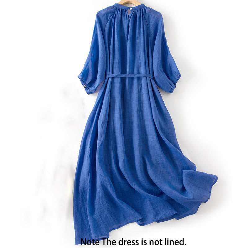 Buddha Stones Plain Drawstring Three Quarter Puff Sleeve Midi Dress With Pockets - image 1