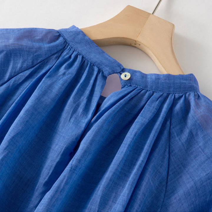 Buddha Stones Plain Drawstring Three Quarter Puff Sleeve Midi Dress With Pockets - image 5