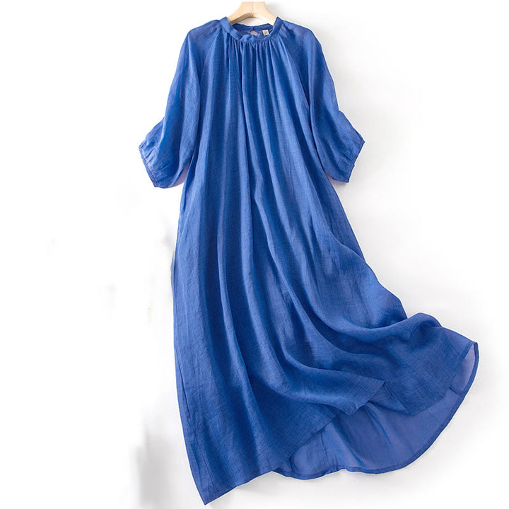 Buddha Stones Plain Drawstring Three Quarter Puff Sleeve Midi Dress With Pockets - image 2
