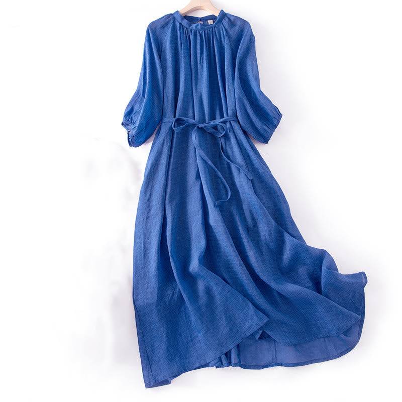 Buddha Stones Plain Drawstring Three Quarter Puff Sleeve Midi Dress With Pockets - Blue - US12，UK/AU16，EU44 (XL) - image 0