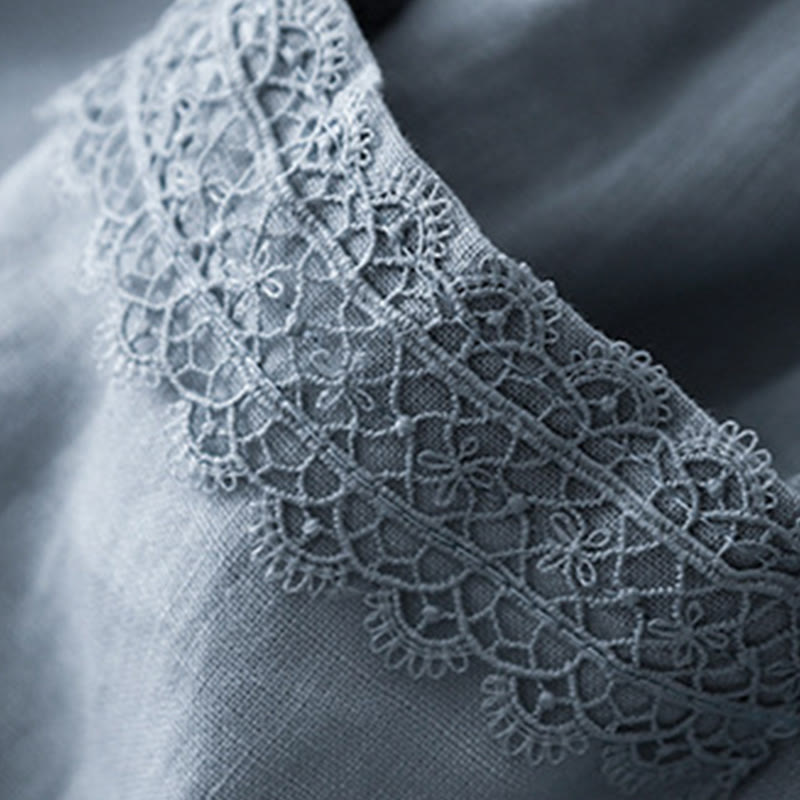 Buddha Stones Plain Color Lace Stitching Cotton Linen Women's Wide Leg Pants With Pockets - image 7