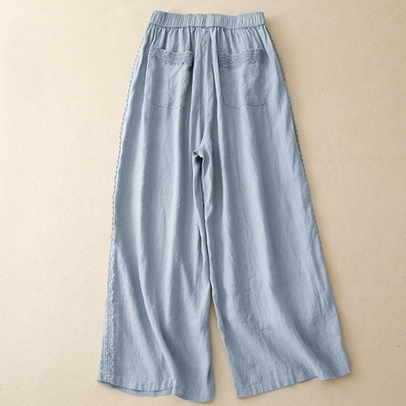 Buddha Stones Plain Color Lace Stitching Cotton Linen Women's Wide Leg Pants With Pockets - image 1