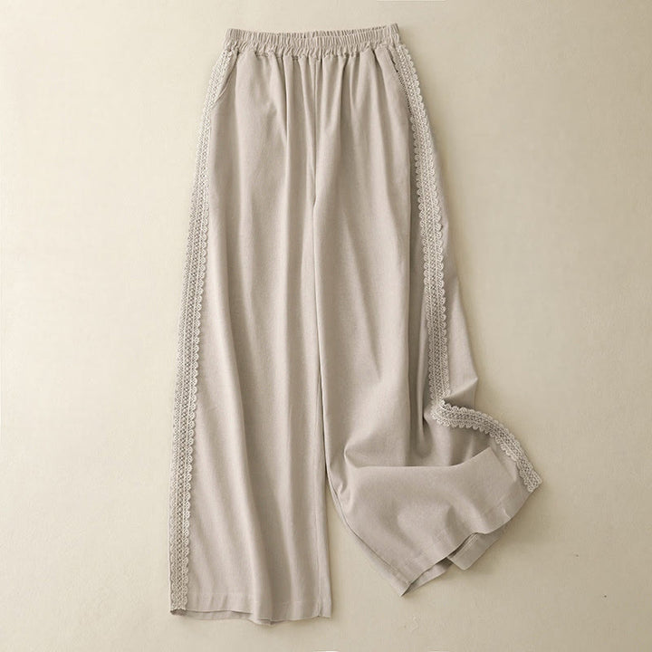 Buddha Stones Plain Color Lace Stitching Cotton Linen Women's Wide Leg Pants With Pockets - Beige - US8-10，UK/AU12-14，EU40-42 (2XL) - image 8