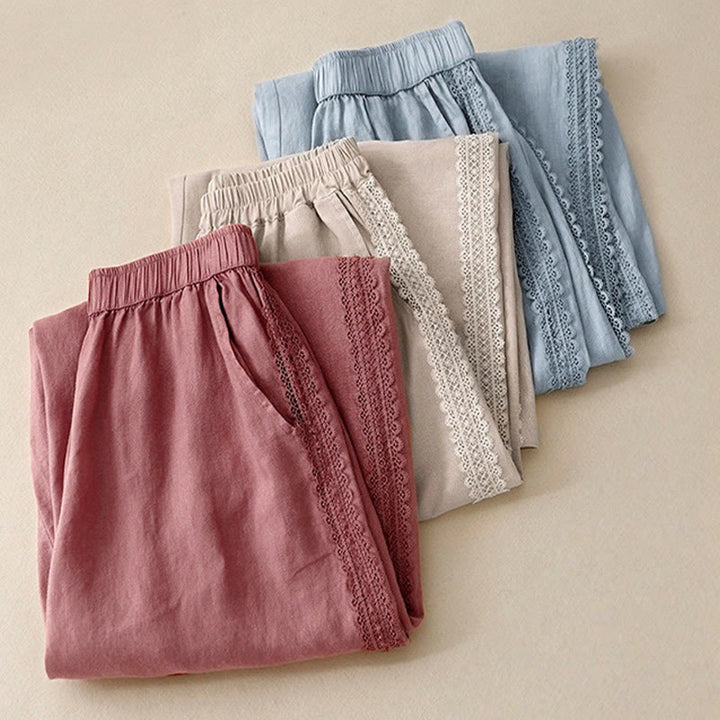 Buddha Stones Plain Color Lace Stitching Cotton Linen Women's Wide Leg Pants With Pockets - image 18