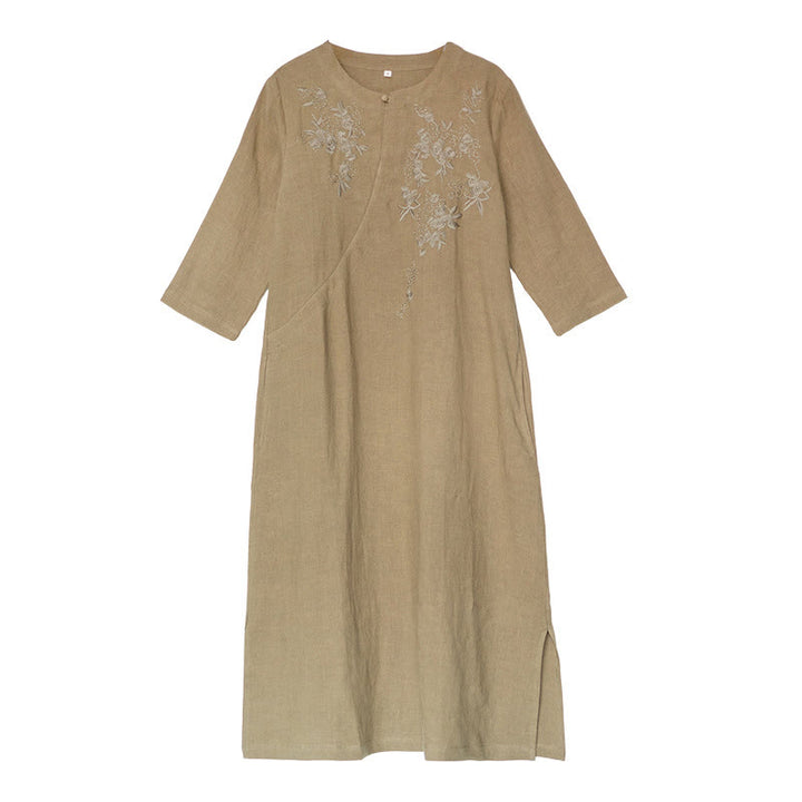 Buddha Stones Vintage Embroidery Three Quarter Sleeve Cotton Linen Midi Dress With Pockets - image 11