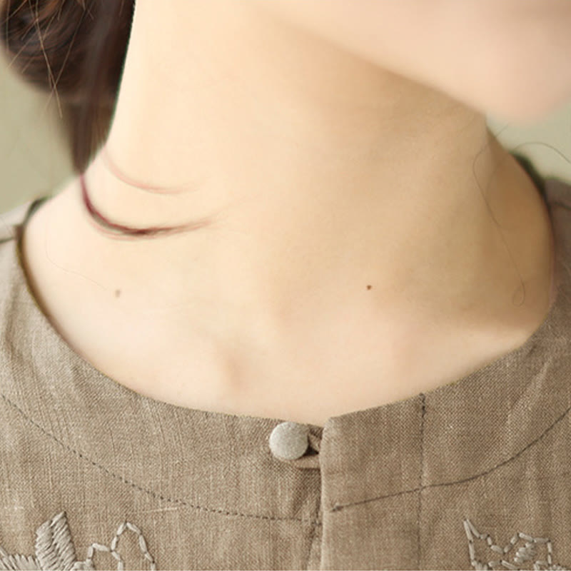 Buddha Stones Vintage Embroidery Three Quarter Sleeve Cotton Linen Midi Dress With Pockets - image 6