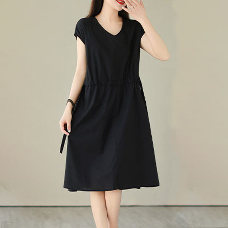 Buddha Stones Pure Color Lace-Up Short Sleeve Cotton Linen Midi Dress With Pockets - image 19