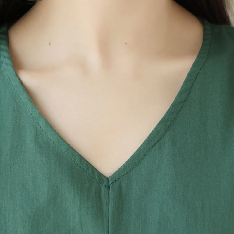 Buddha Stones Pure Color Lace-Up Short Sleeve Cotton Linen Midi Dress With Pockets - image 8