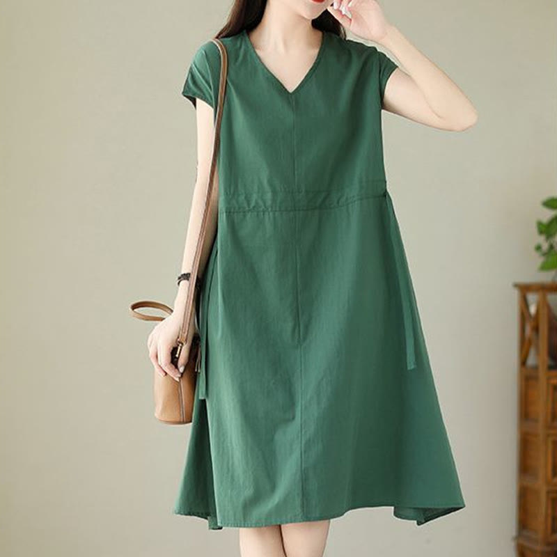 Buddha Stones Pure Color Lace-Up Short Sleeve Cotton Linen Midi Dress With Pockets - image 3