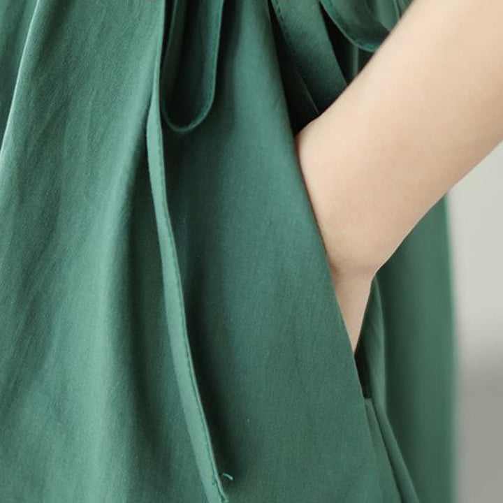 Buddha Stones Pure Color Lace-Up Short Sleeve Cotton Linen Midi Dress With Pockets - image 11