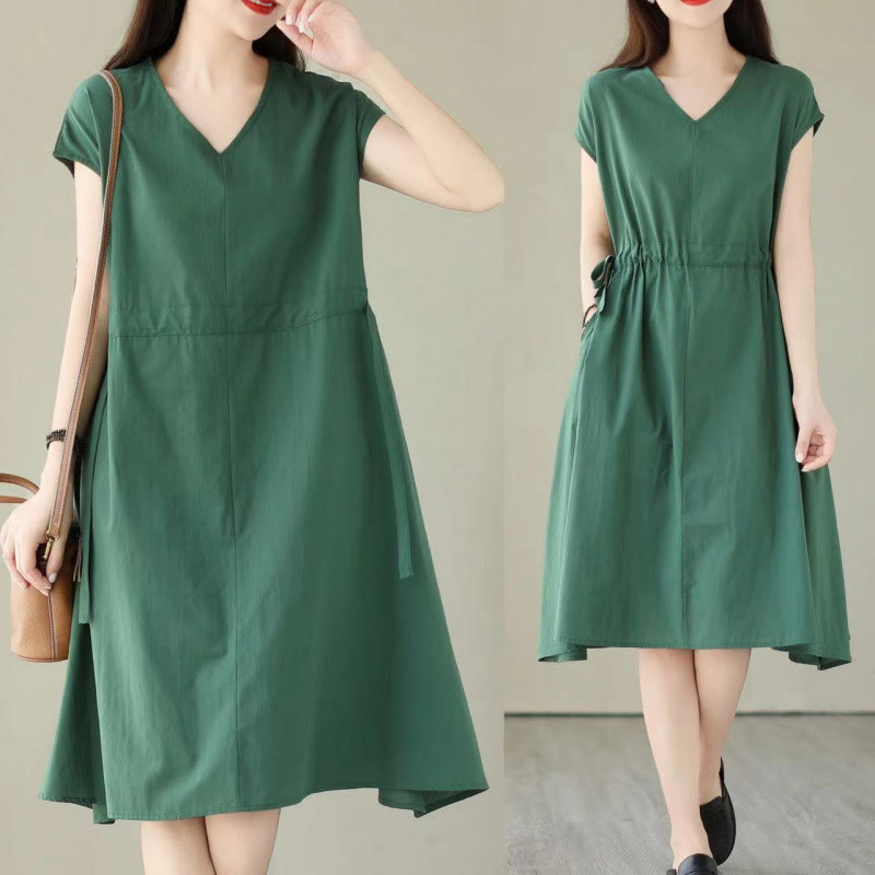 Buddha Stones Pure Color Lace-Up Short Sleeve Cotton Linen Midi Dress With Pockets - image 6