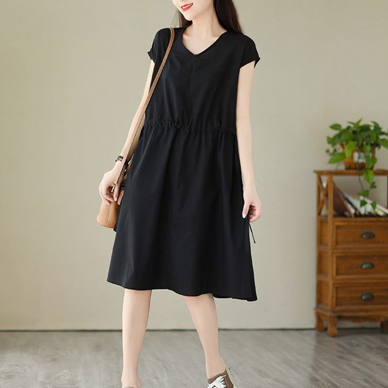 Buddha Stones Pure Color Lace-Up Short Sleeve Cotton Linen Midi Dress With Pockets - image 21