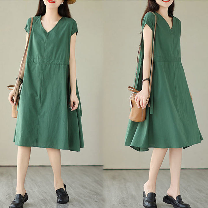 Buddha Stones Pure Color Lace-Up Short Sleeve Cotton Linen Midi Dress With Pockets - image 5