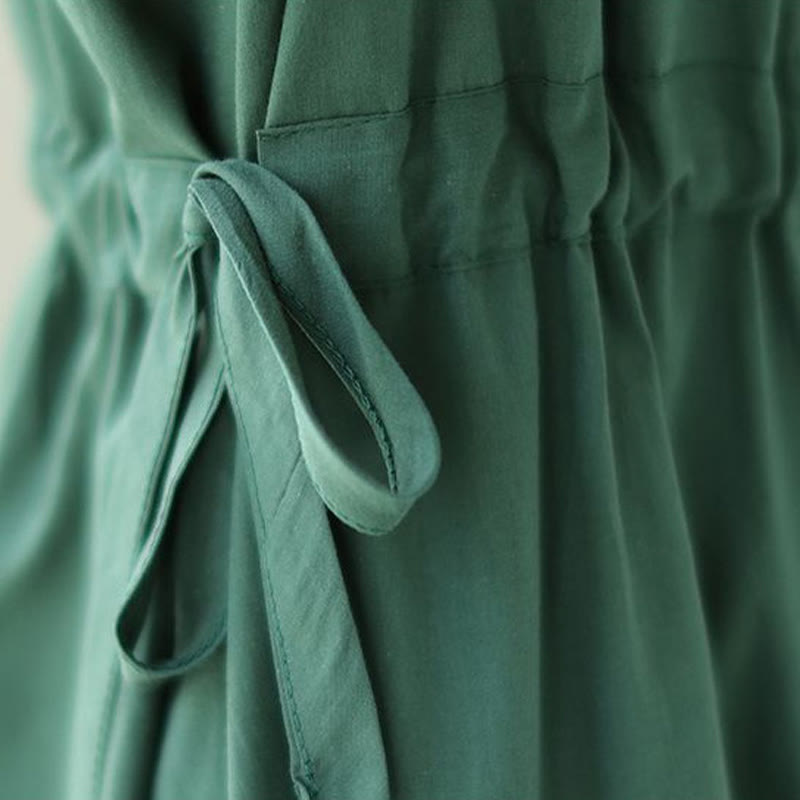 Buddha Stones Pure Color Lace-Up Short Sleeve Cotton Linen Midi Dress With Pockets - image 10