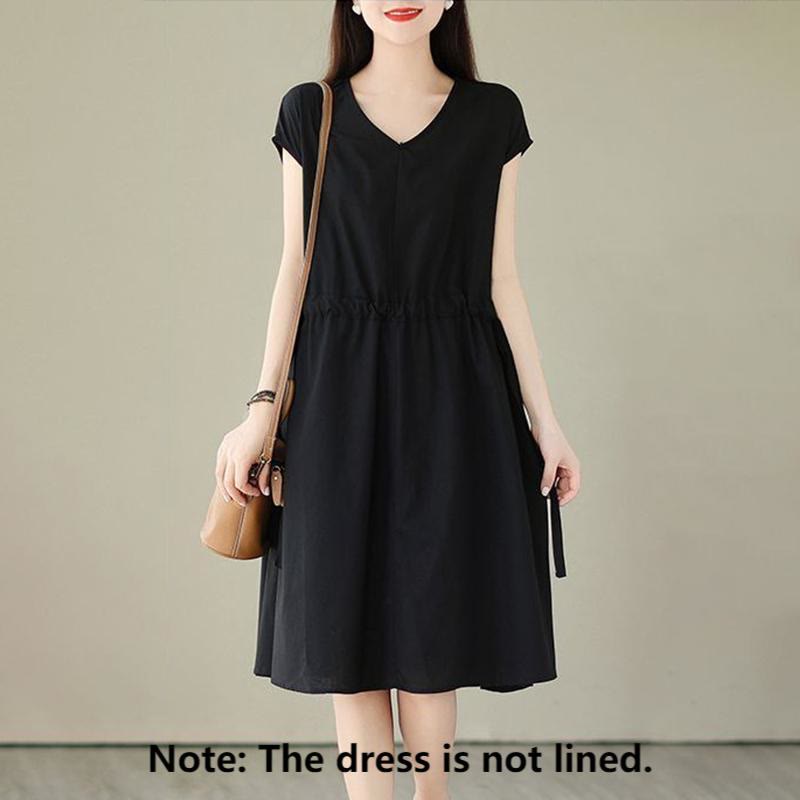 Buddha Stones Pure Color Lace-Up Short Sleeve Cotton Linen Midi Dress With Pockets - image 18