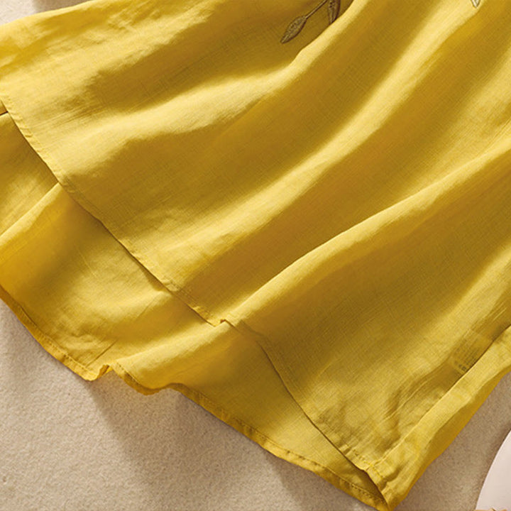 Buddha Stones Embroidery Leaves Women's Cotton Linen Half Sleeve T-shirt - image 9