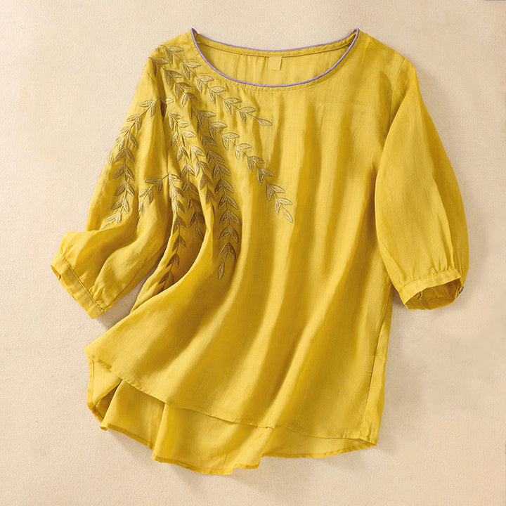 Buddha Stones Embroidery Leaves Women's Cotton Linen Half Sleeve T-shirt - Gold - US8-10，UK/AU12-14，EU40-42 (2XL) - image 0