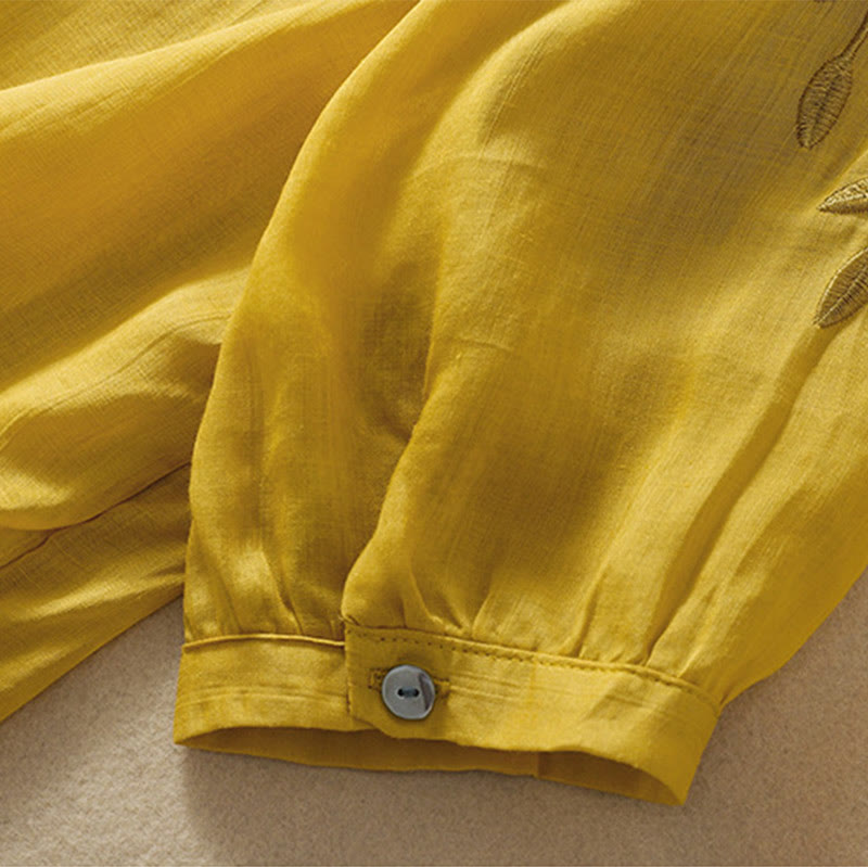 Buddha Stones Embroidery Leaves Women's Cotton Linen Half Sleeve T-shirt - image 8