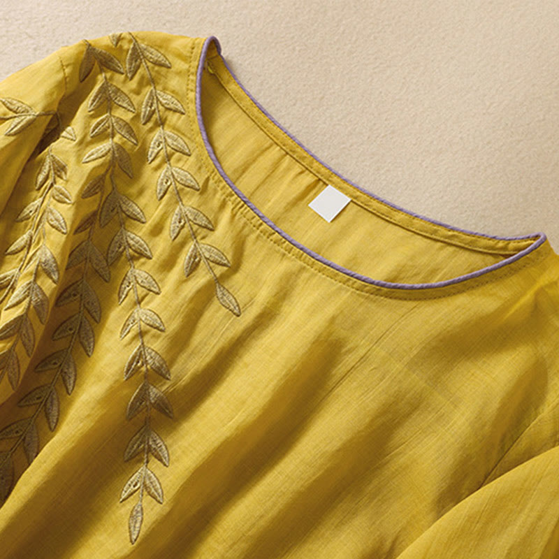 Buddha Stones Embroidery Leaves Women's Cotton Linen Half Sleeve T-shirt - image 4