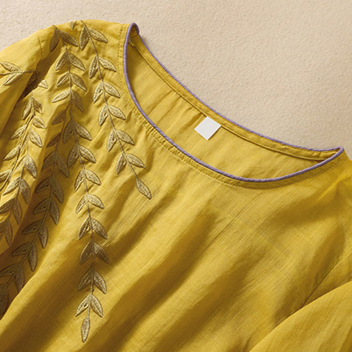 Buddha Stones Embroidery Leaves Women's Cotton Linen Half Sleeve T-shirt - image 4