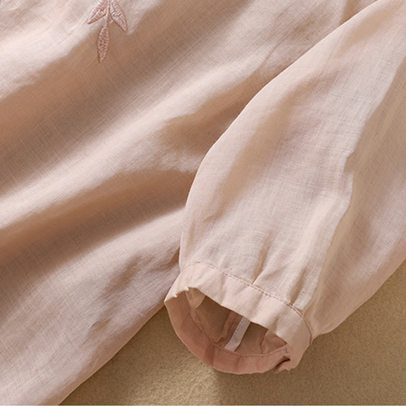 Buddha Stones Embroidery Leaves Women's Cotton Linen Half Sleeve T-shirt - image 18