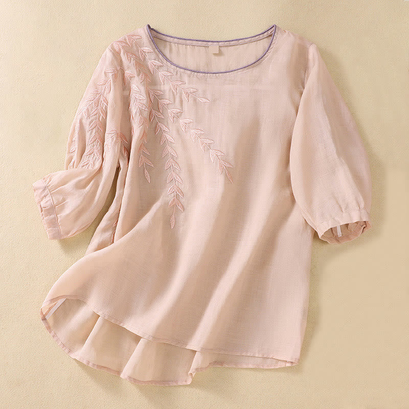 Buddha Stones Embroidery Leaves Women's Cotton Linen Half Sleeve T-shirt - MistyRose - US8-10，UK/AU12-14，EU40-42 (2XL) - image 11