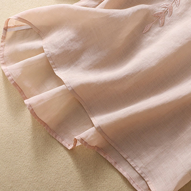 Buddha Stones Embroidery Leaves Women's Cotton Linen Half Sleeve T-shirt - image 19