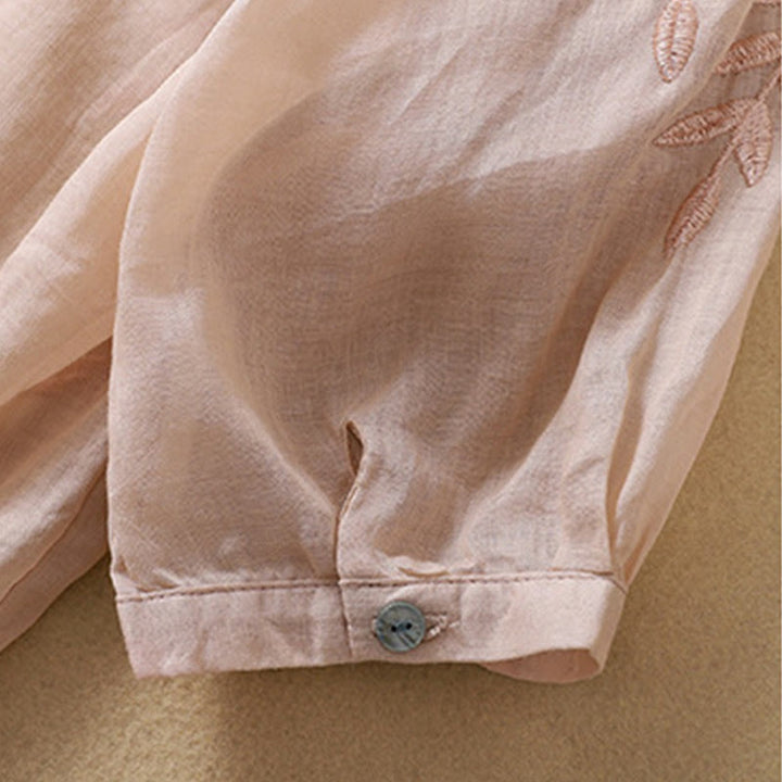 Buddha Stones Embroidery Leaves Women's Cotton Linen Half Sleeve T-shirt - image 16