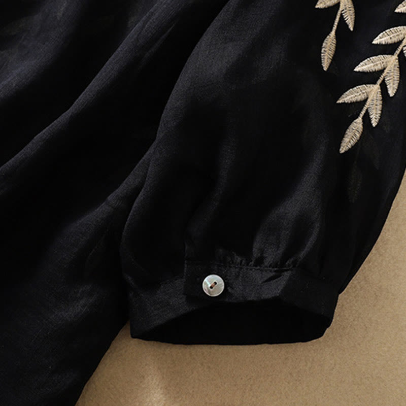 Buddha Stones Embroidery Leaves Women's Cotton Linen Half Sleeve T-shirt - image 26