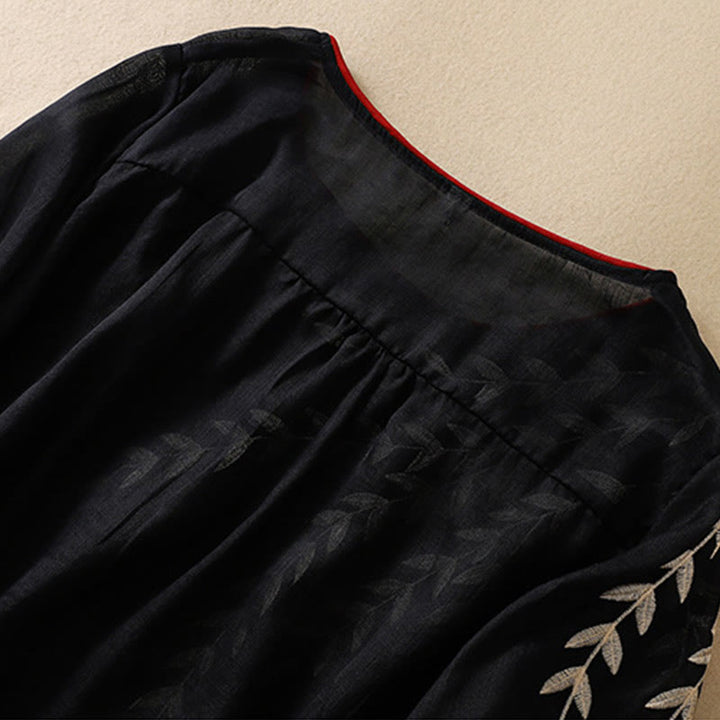 Buddha Stones Embroidery Leaves Women's Half Sleeve T-shirt - image 25