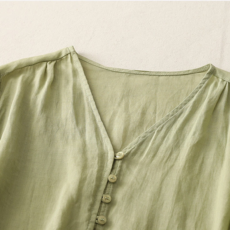 Buddha Stones Embroidery Button-down Women's Cotton Linen Shirt - image 2